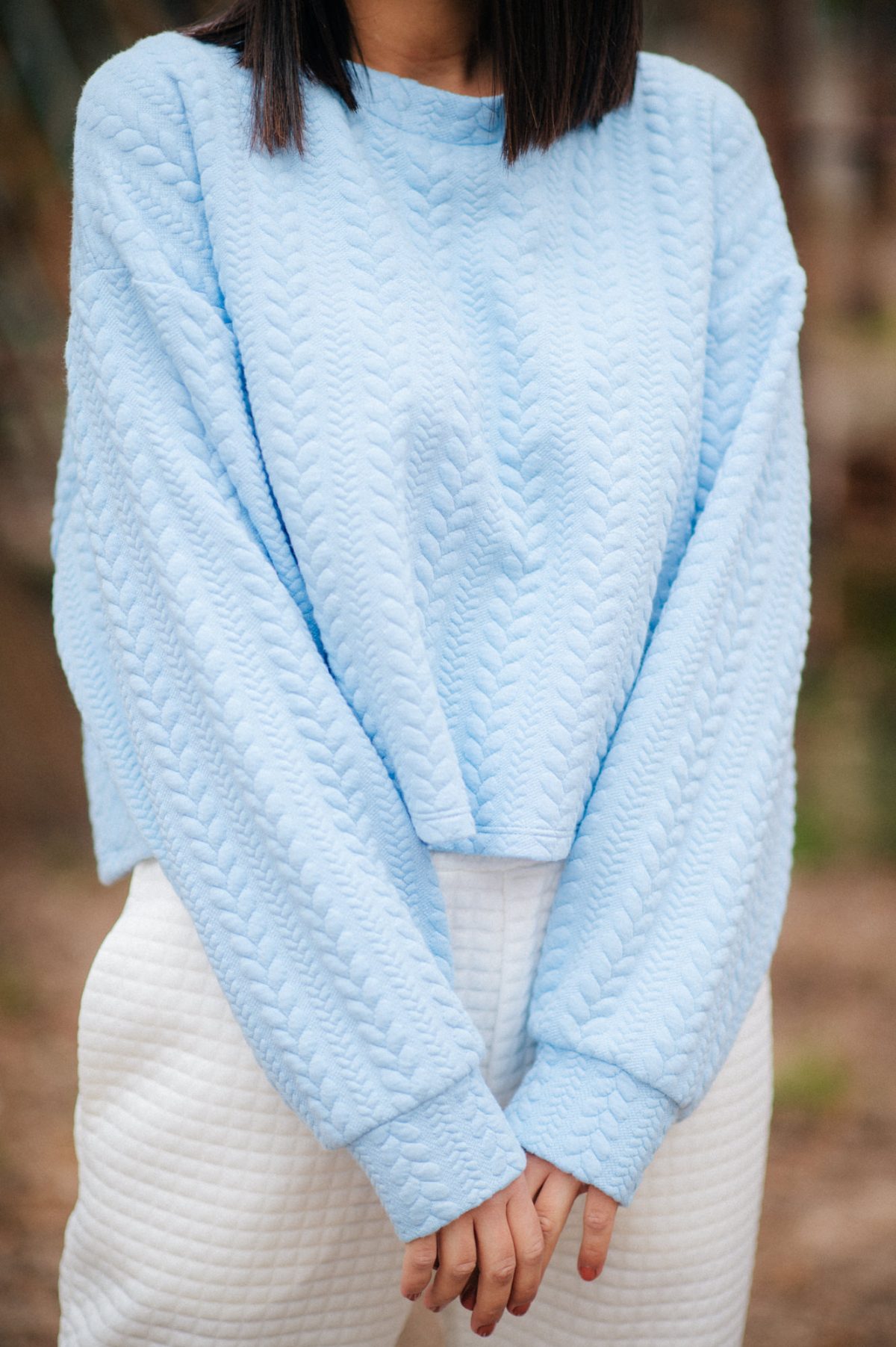 Quilted Sweatshirt Blouse with Braid Design in light blue