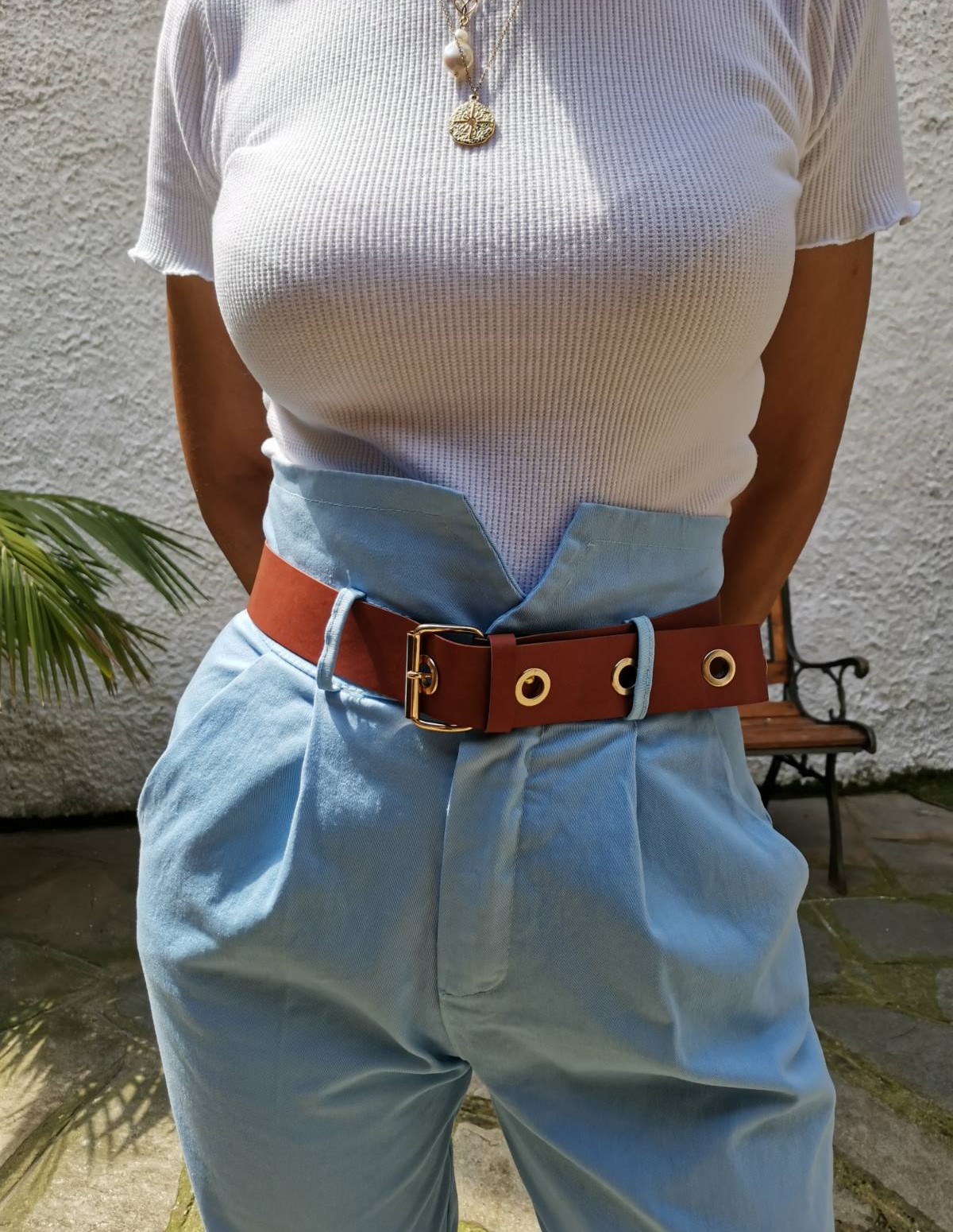 High-waisted pants in light blue