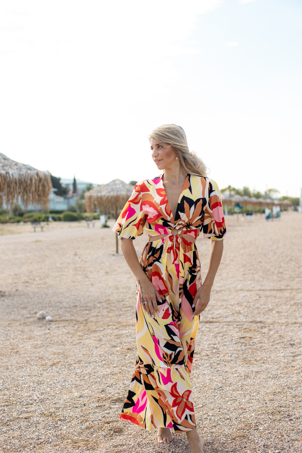 Blonde woman wearing Summer Airy Dress with geometric patterns