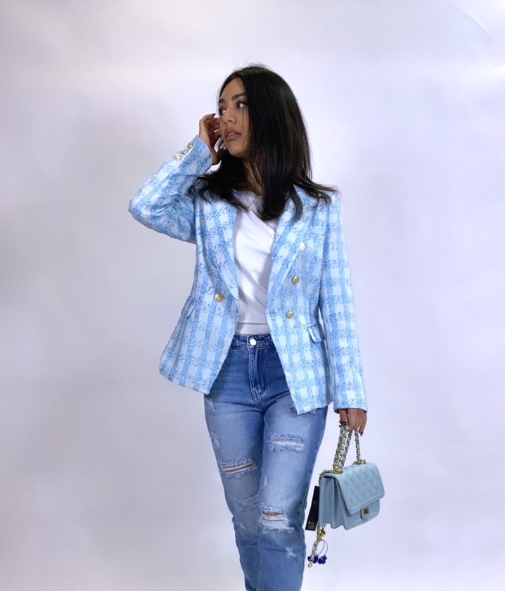 Light blue plaid jacket with gold buttons