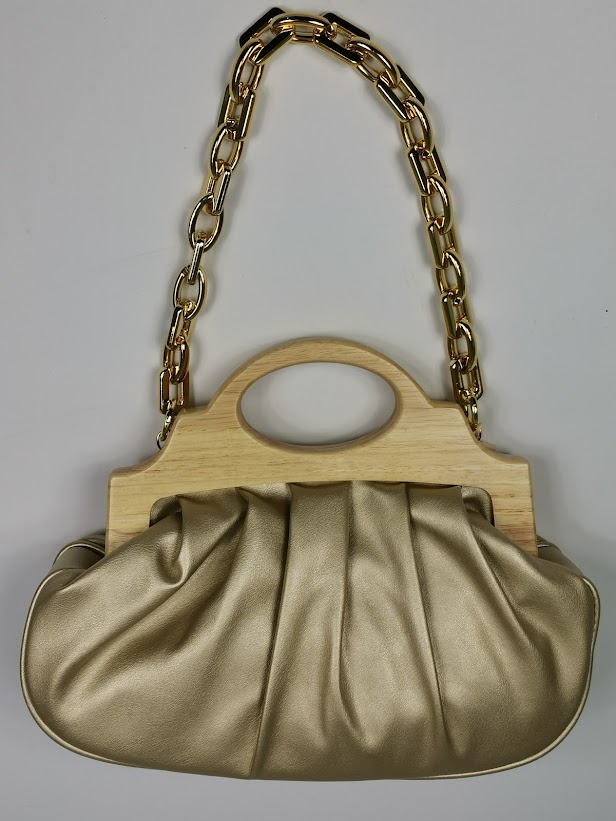 Τσάντα μικρή με λεπτομέρειες απο φυσικό ξύλο σε χρυσό χρώμα
