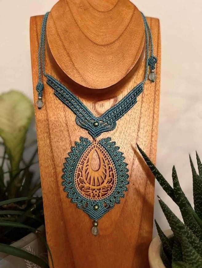 Handmade long necklace in blue