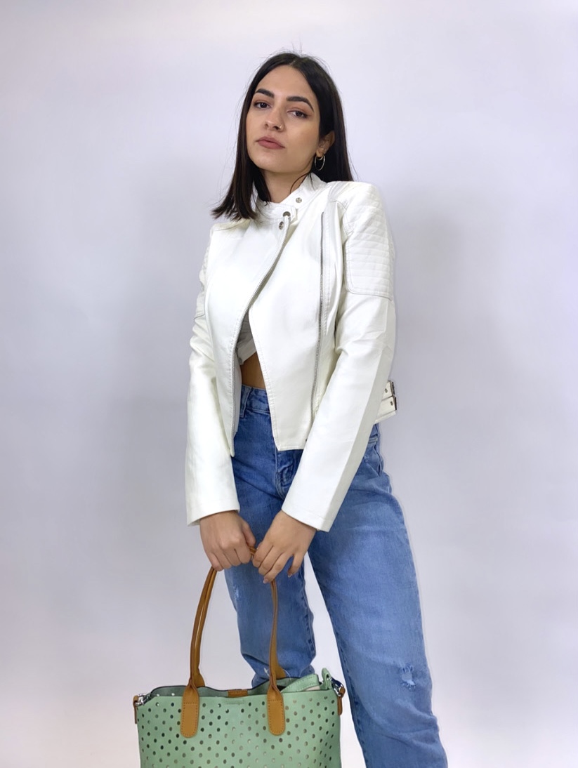Leatherette jacket in white color with pockets