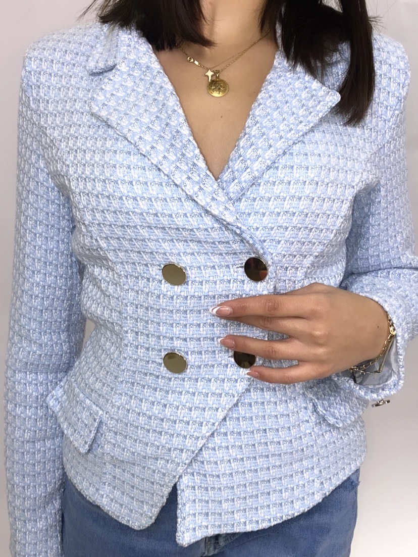 Narrow plaid jacket in light blue color with gold buttons