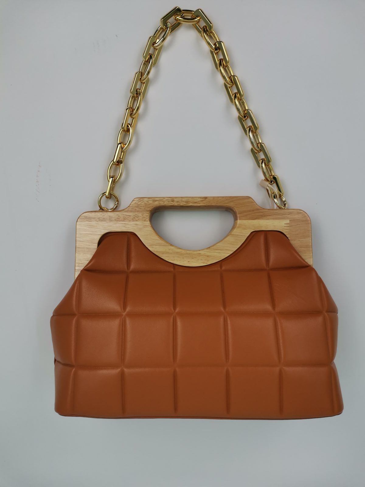 Brown  bag with wooden handle and gold chain